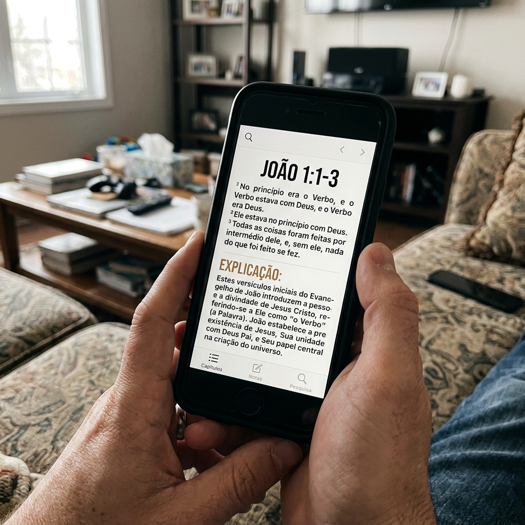 Pessoa lendo a Bíblia no celular